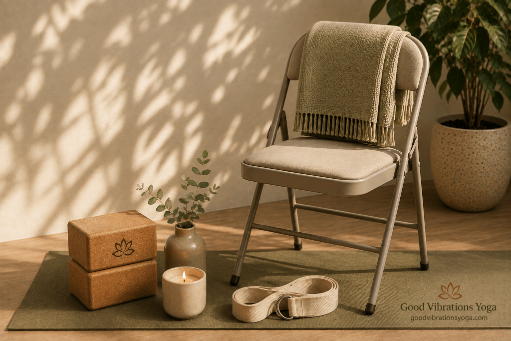 A padded chair on a yoga mat with blocks, a strap, and a folded blanket — the chair yoga setup