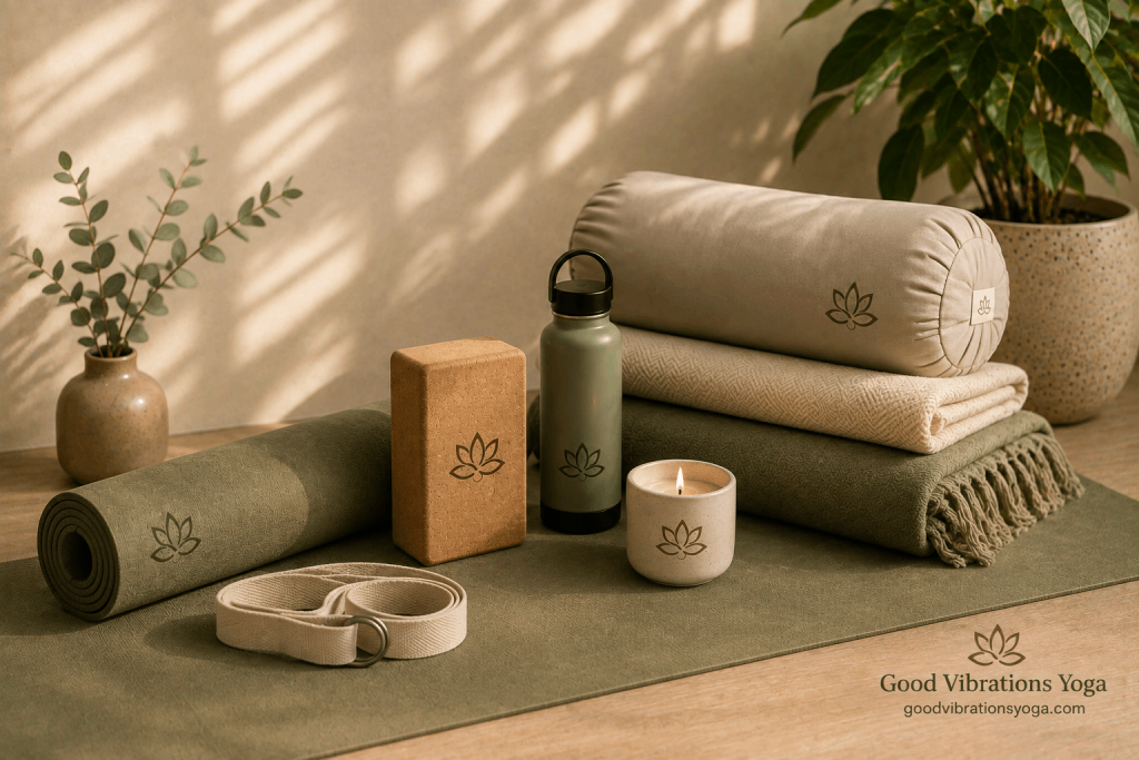 Yoga mat, bolster, blankets, and props in warm light